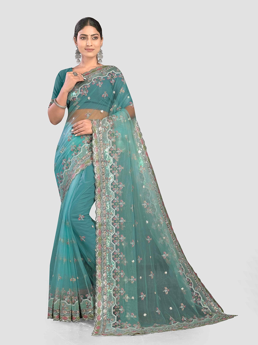 

KAJREE Ethnic Motifs Embroidered Sequinned Net Saree, Sea green