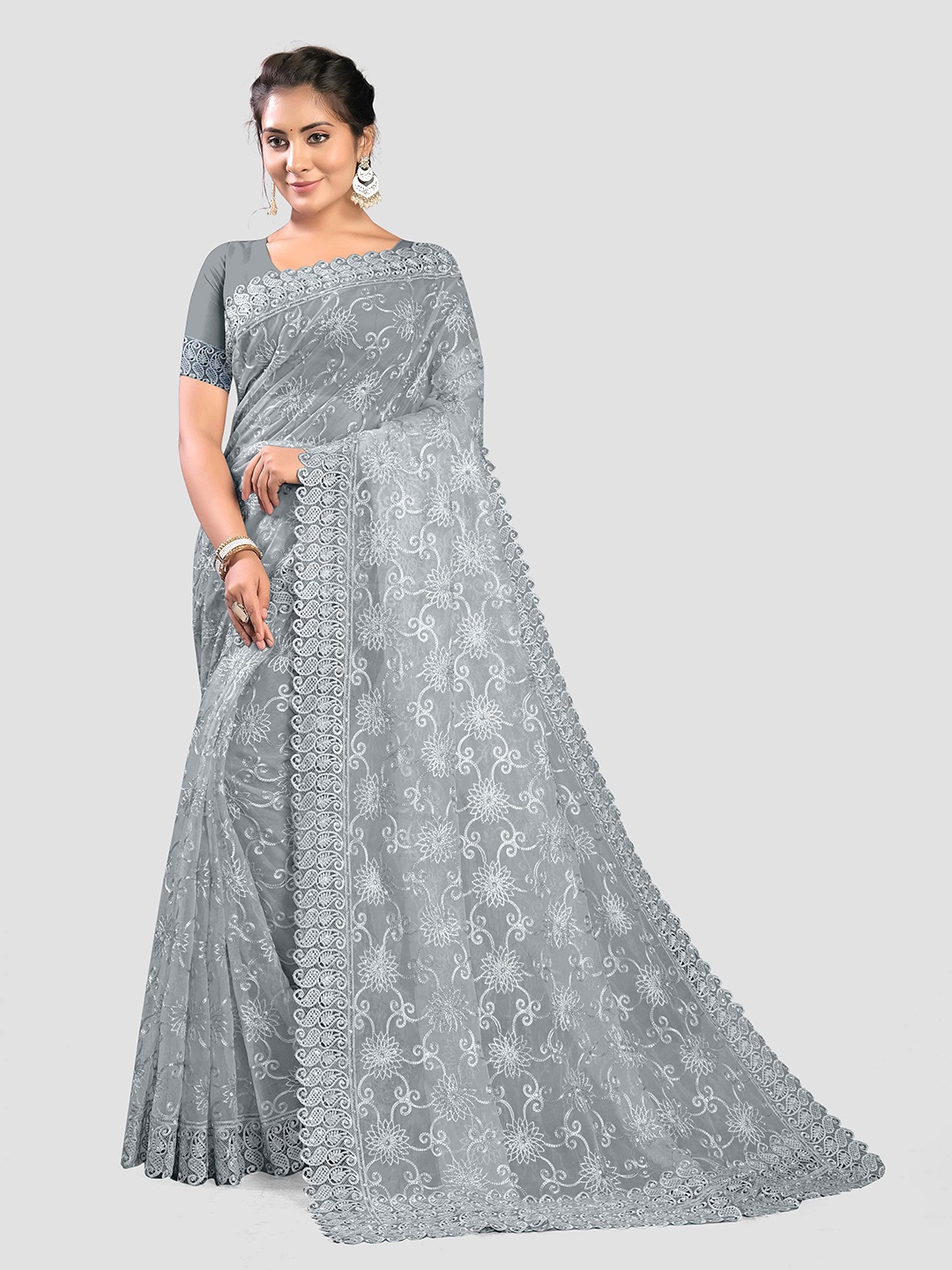

KAJREE Ethnic Motifs Embroidered Net Saree, Grey