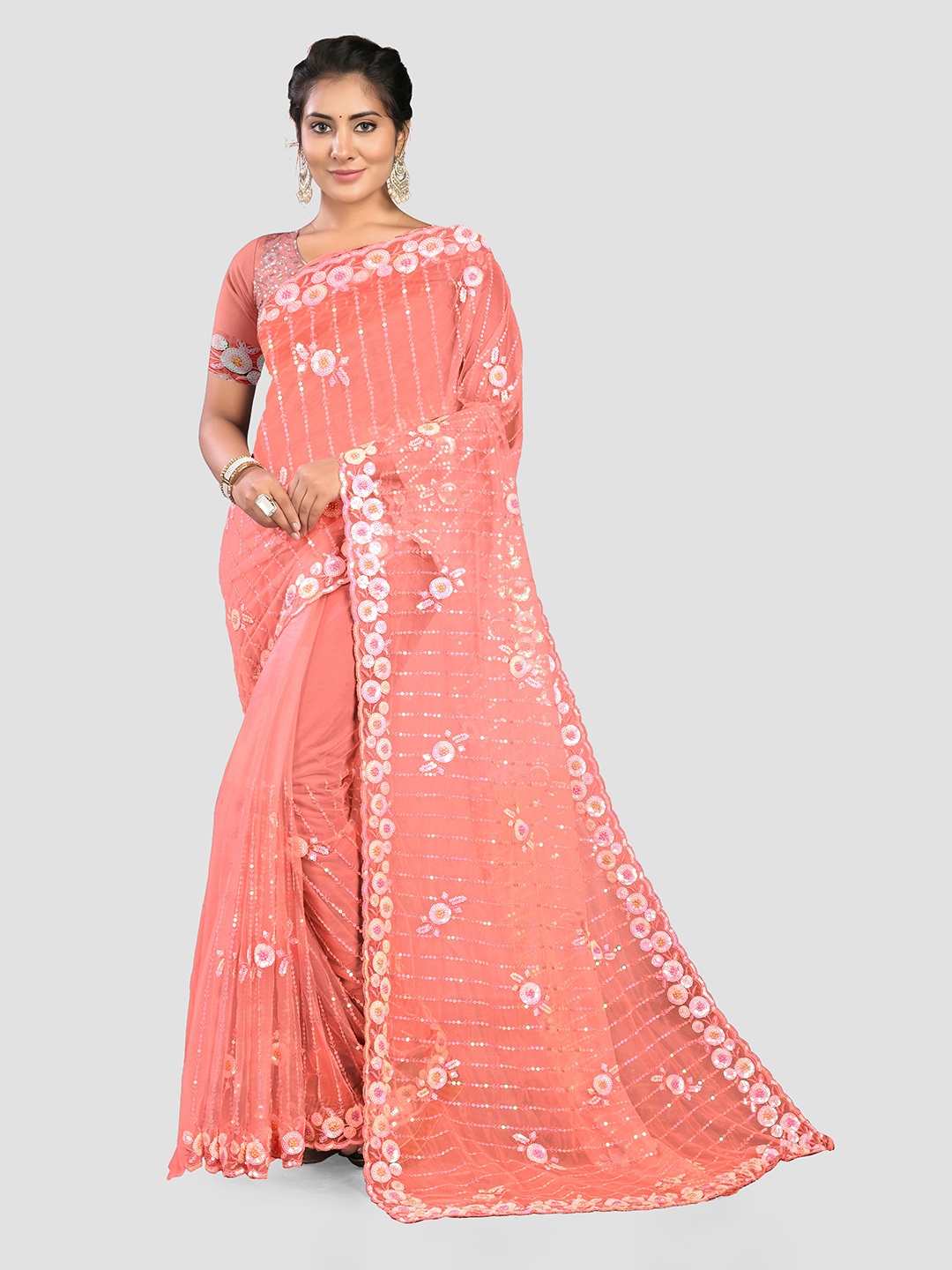 

KAJREE Floral Embellished Sequinned Net Saree, Peach