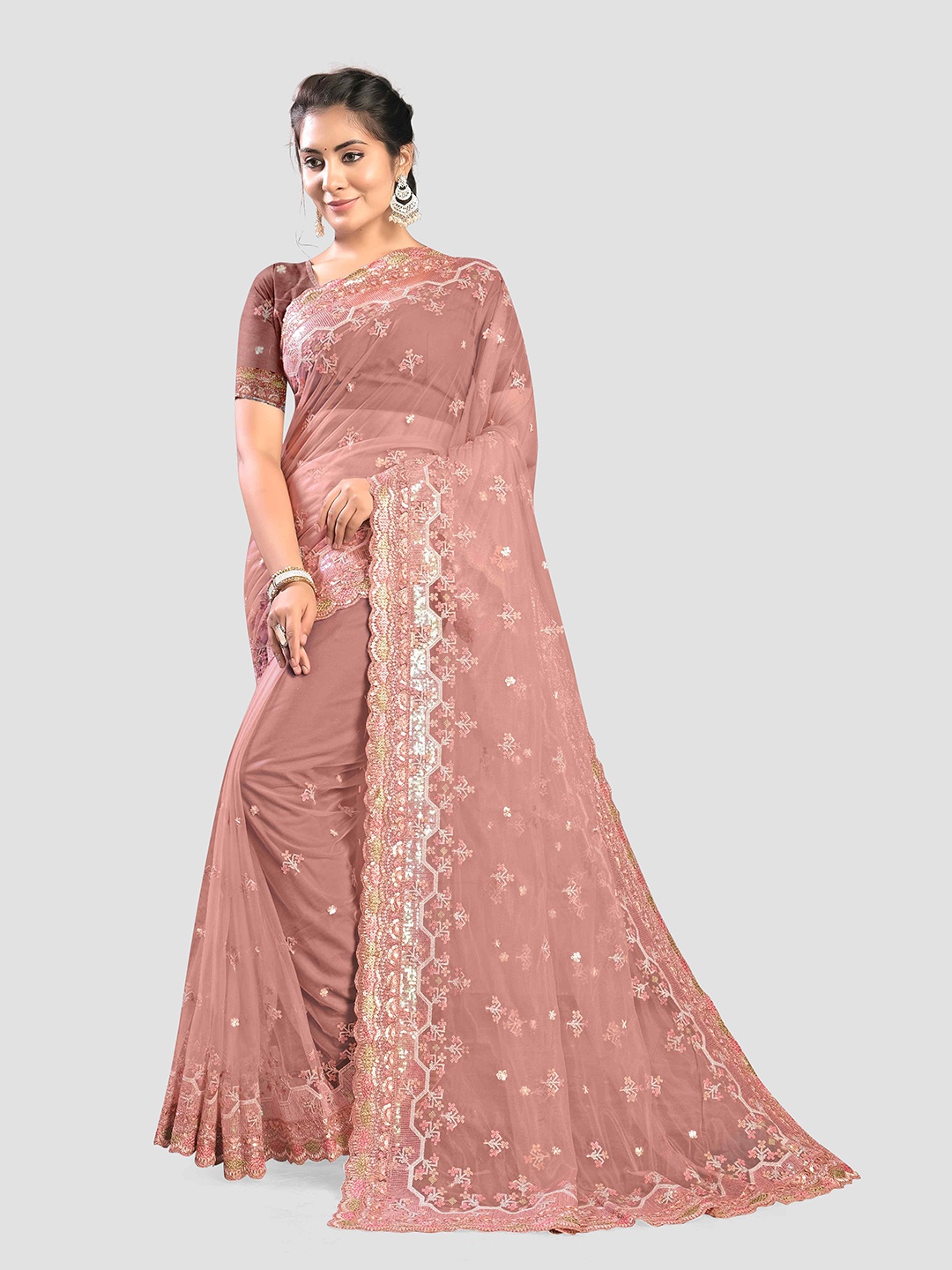 

KAJREE Floral Embroidered Net Saree, Pink