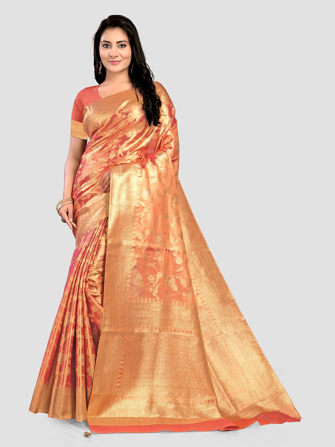 

KAJREE Floral Woven Design Zari Organza Banarasi Saree, Orange