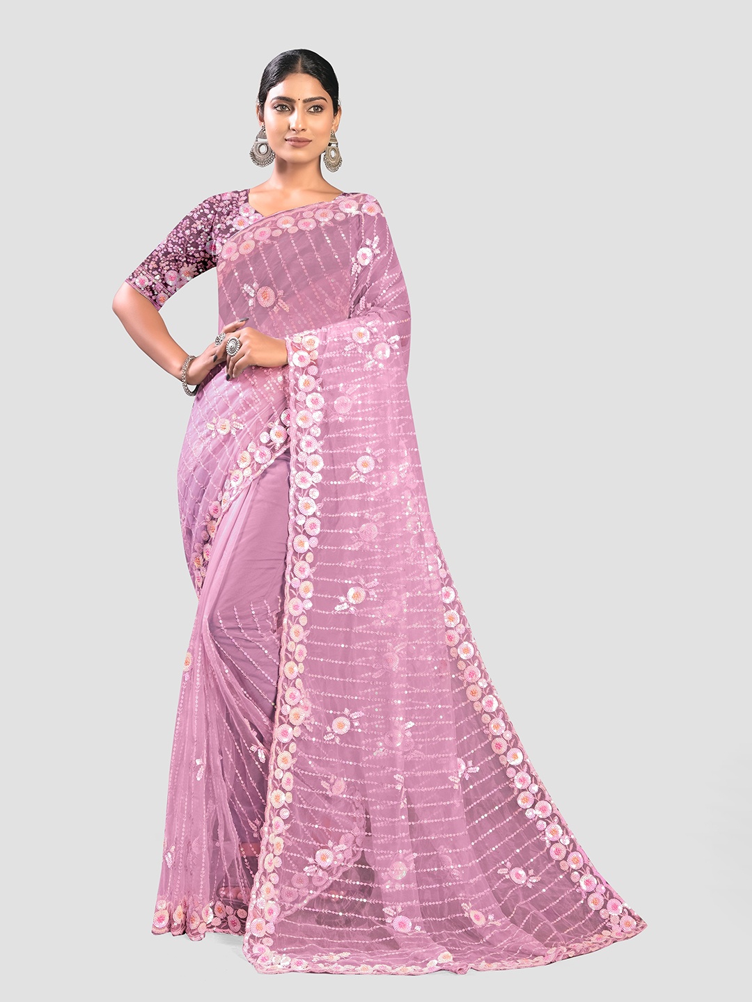 

KAJREE Floral Embellished Sequinned Net Jamdani Saree, Lavender