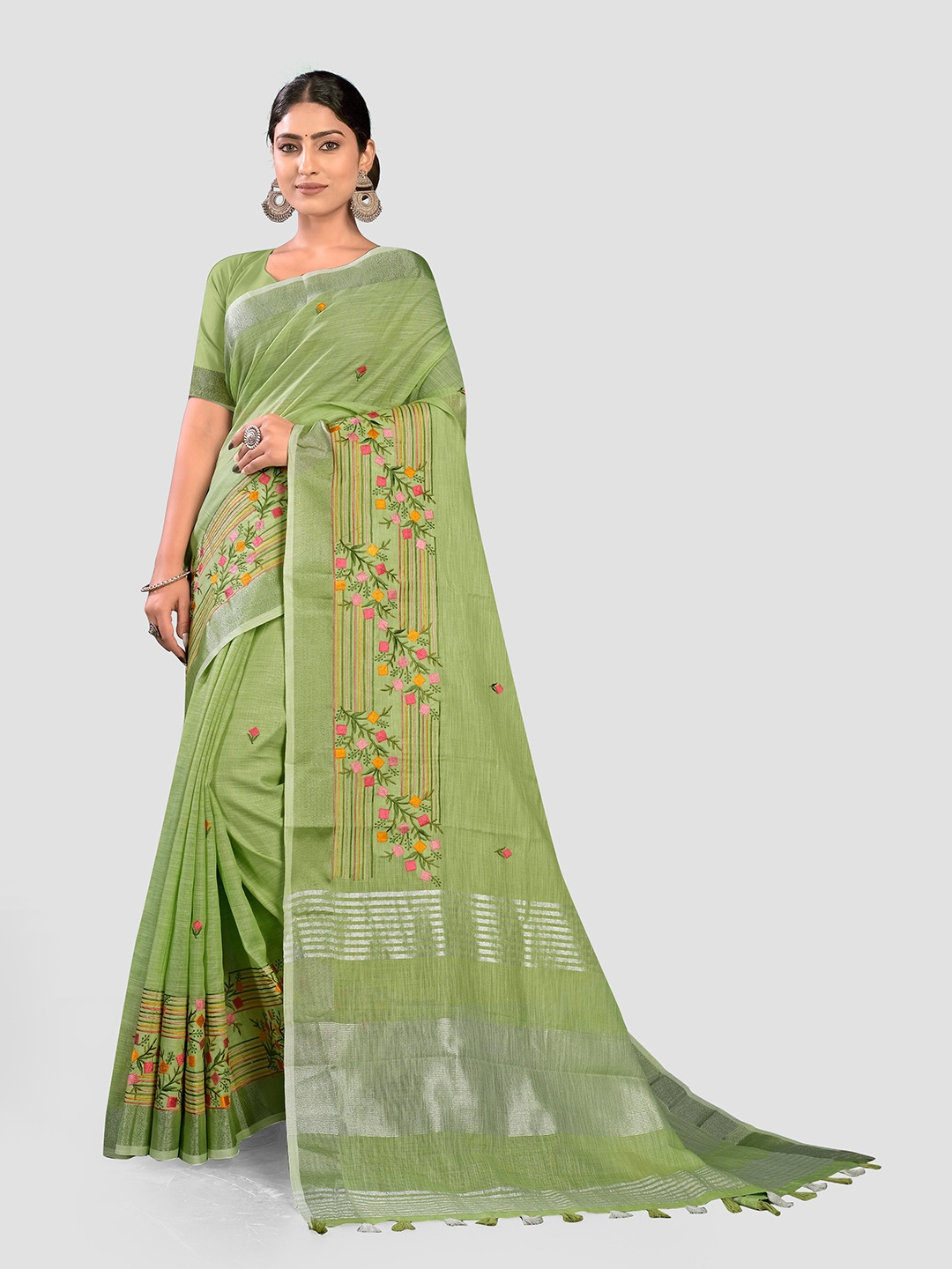 

KAJREE Ethnic Motifs Embroidered Pure Linen Bhagalpuri Saree, Sea green