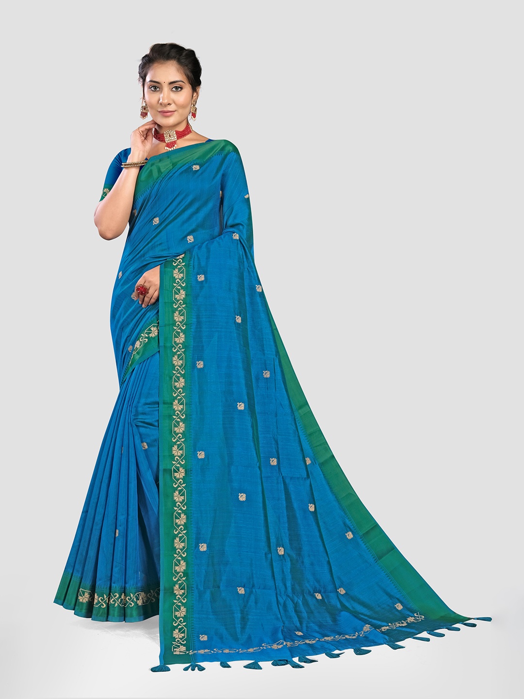 

KAJREE Ethnic Motifs Embroidered Tussar Saree, Blue