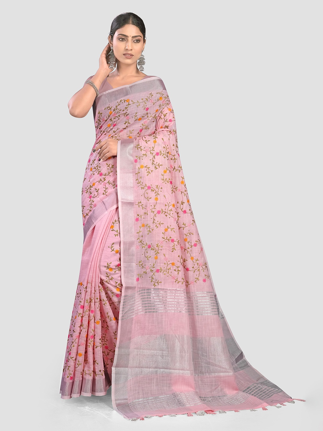 

KAJREE Ethnic Motifs Embroidered Pure Linen Bhagalpuri Saree, Pink