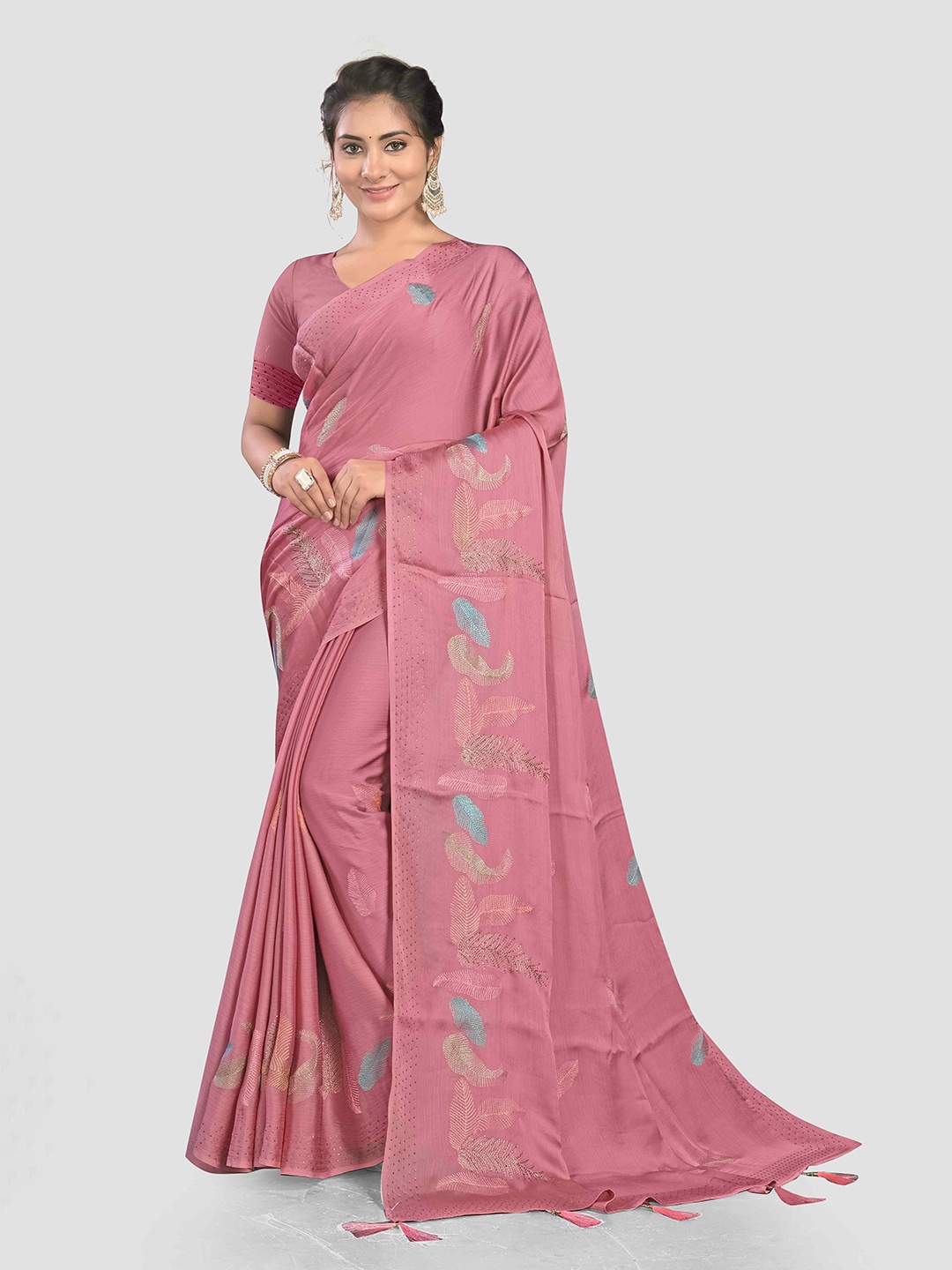 

KAJREE Floral Beads and Stones Pure Crepe Jamdani Saree, Pink