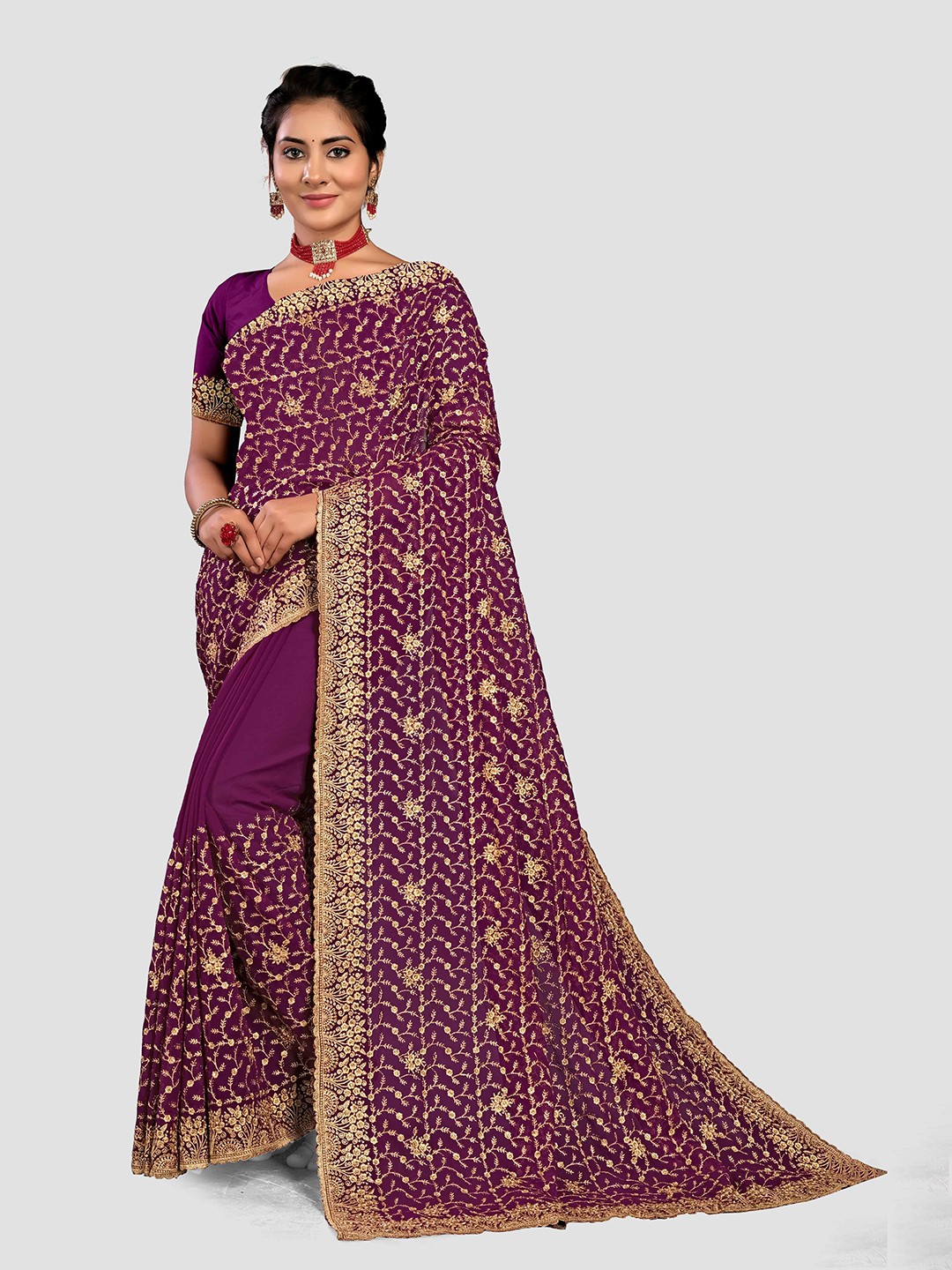 

KAJREE Floral Embroidered Pure Georgette Banarasi Saree, Maroon