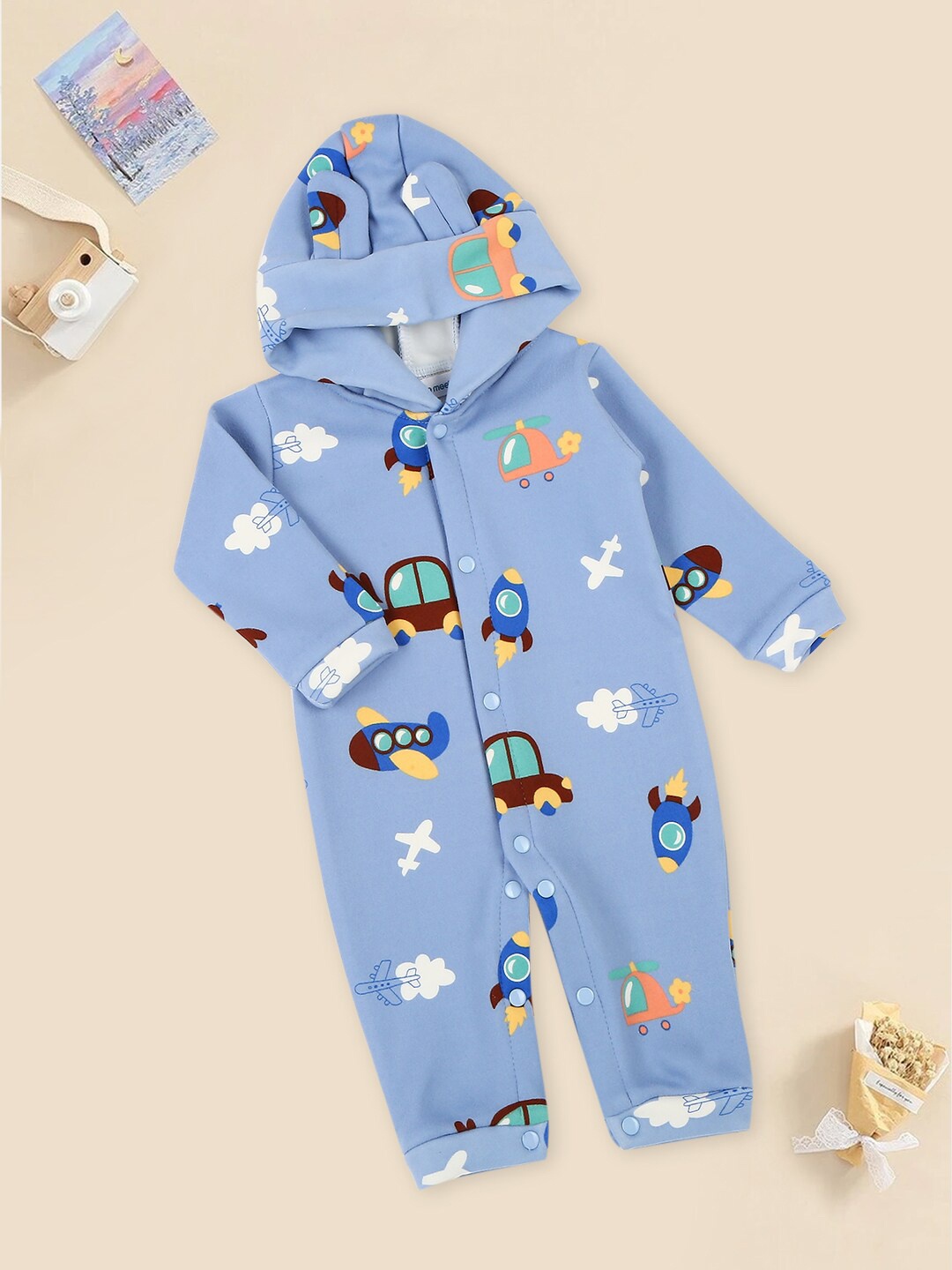 

MeeMee Infants Hooded Cotton Rompers, Blue