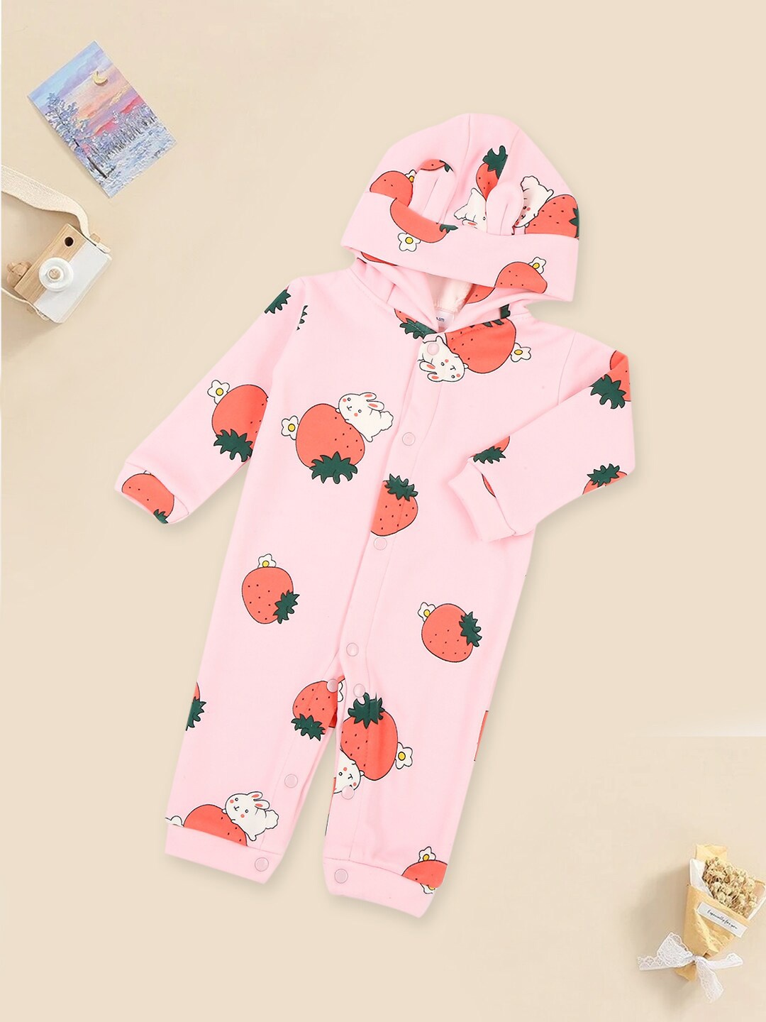 

MeeMee Infants Printed Hooded Rompers, Pink