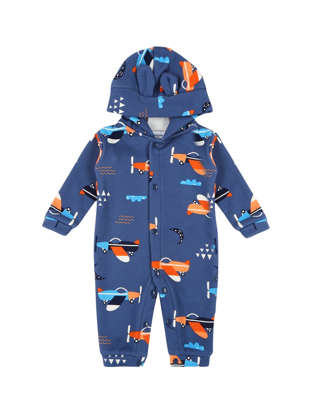 

MeeMee Infants Conversational Printed Hooded Cotton Rompers, Blue