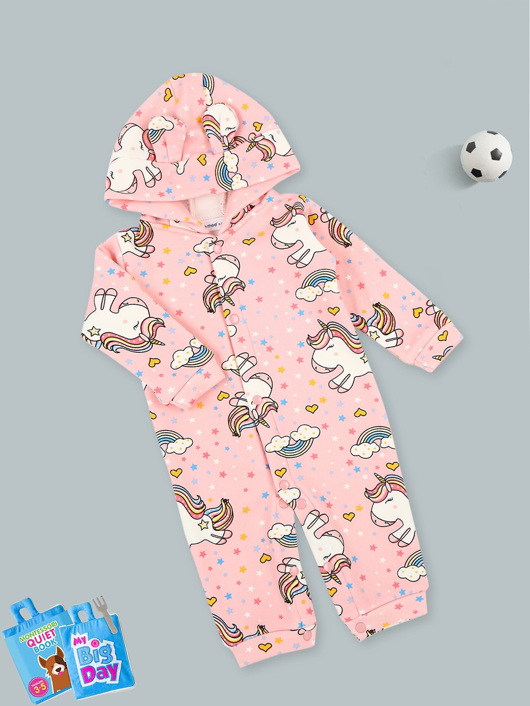 

MeeMee Infants Conversational Printed Hooded Cotton Rompers, Pink