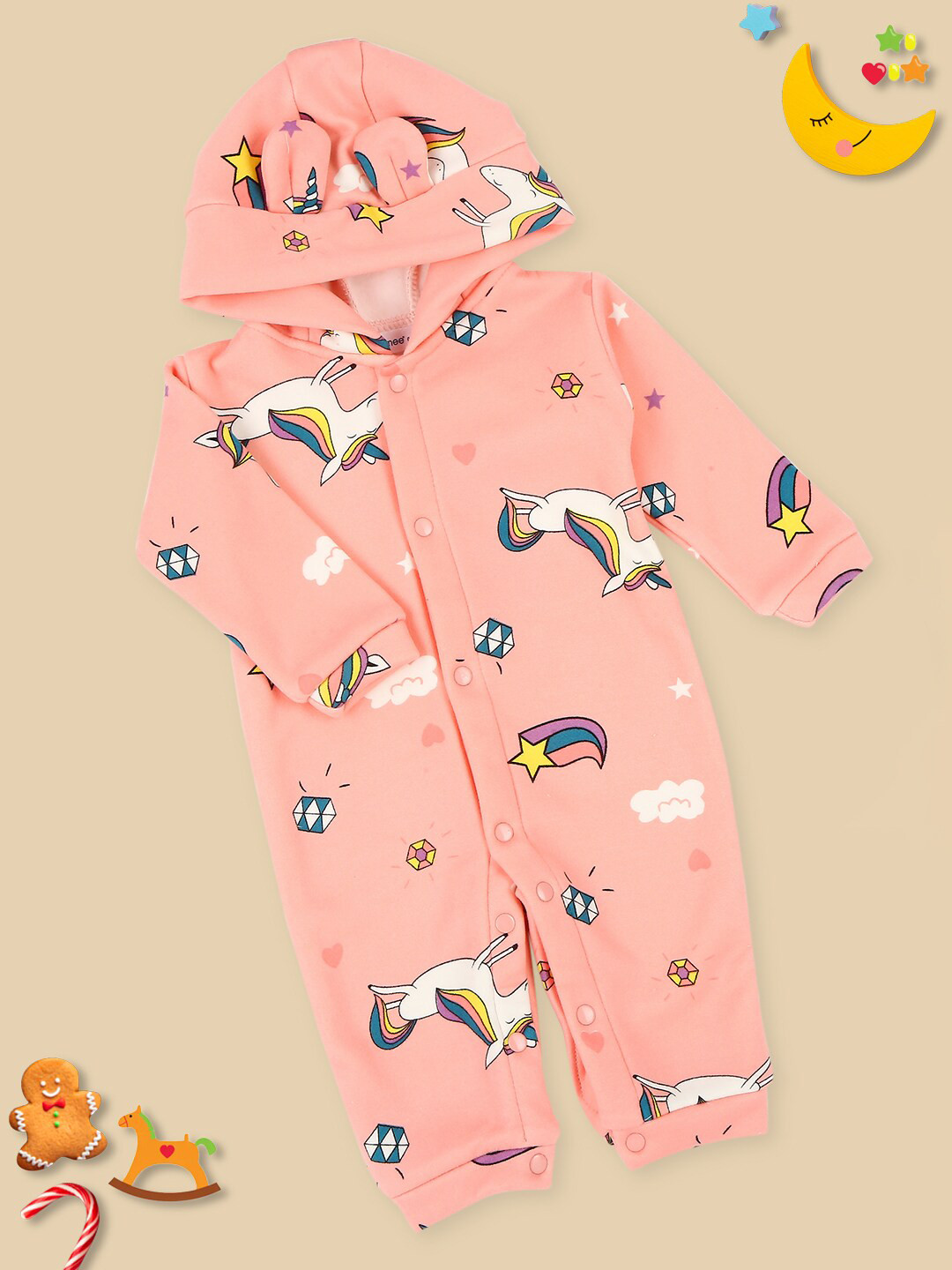 

MeeMee Infants Conversational Printed Hooded Cotton Rompers, Peach