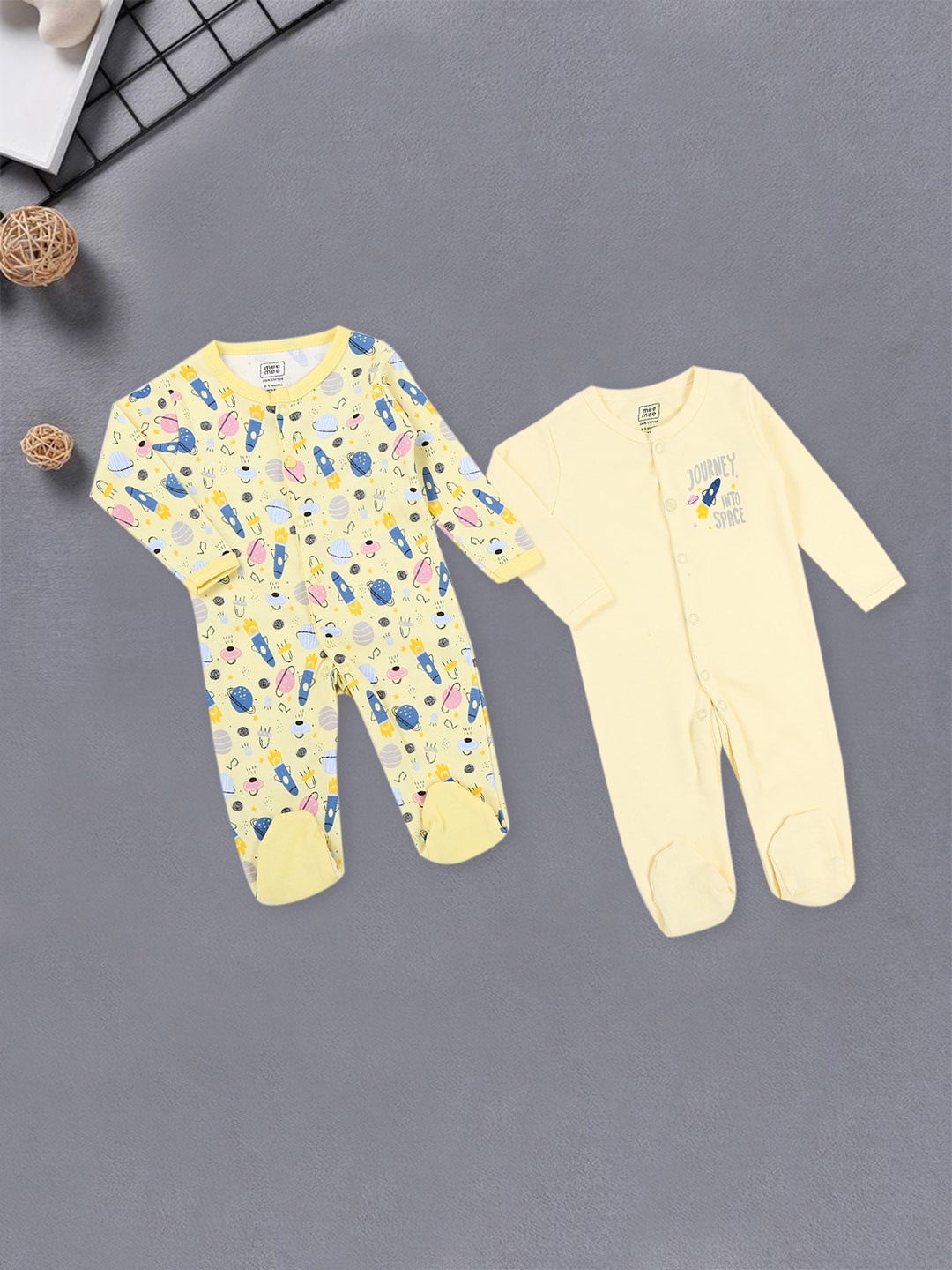 

MeeMee Pack of 2 Infant Printed Cotton Sleepsuit, Yellow