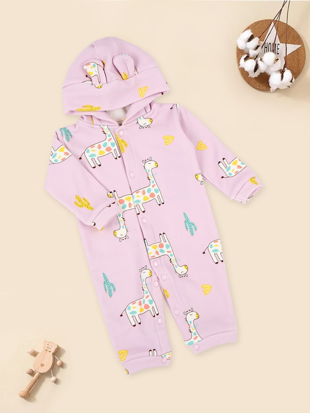 

MeeMee Infants Conversational Printed Hooded Cotton Rompers, Pink