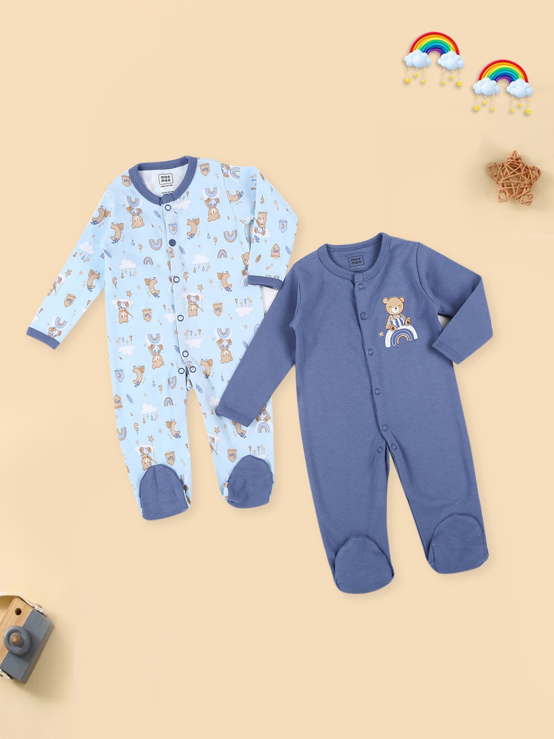 

MeeMee Pack of 2 Pure Cotton Infant Printed Rompers, Blue