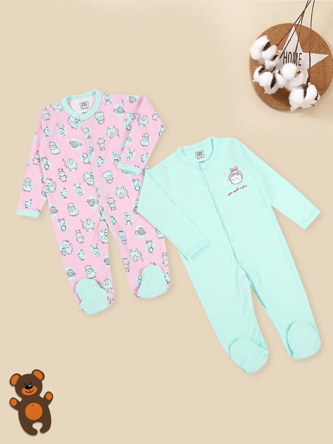 

MeeMee Pack of 2 Infant Printed Cotton Sleepsuit, Green