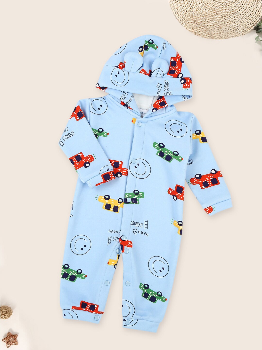 

MeeMee Infants Conversational Printed Hooded Cotton Rompers, Blue
