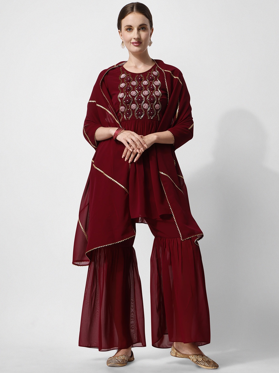 

KALINI Floral Yoke Design Gotta Patti Georgette A Line Kurti With Sharara & Dupatta, Maroon