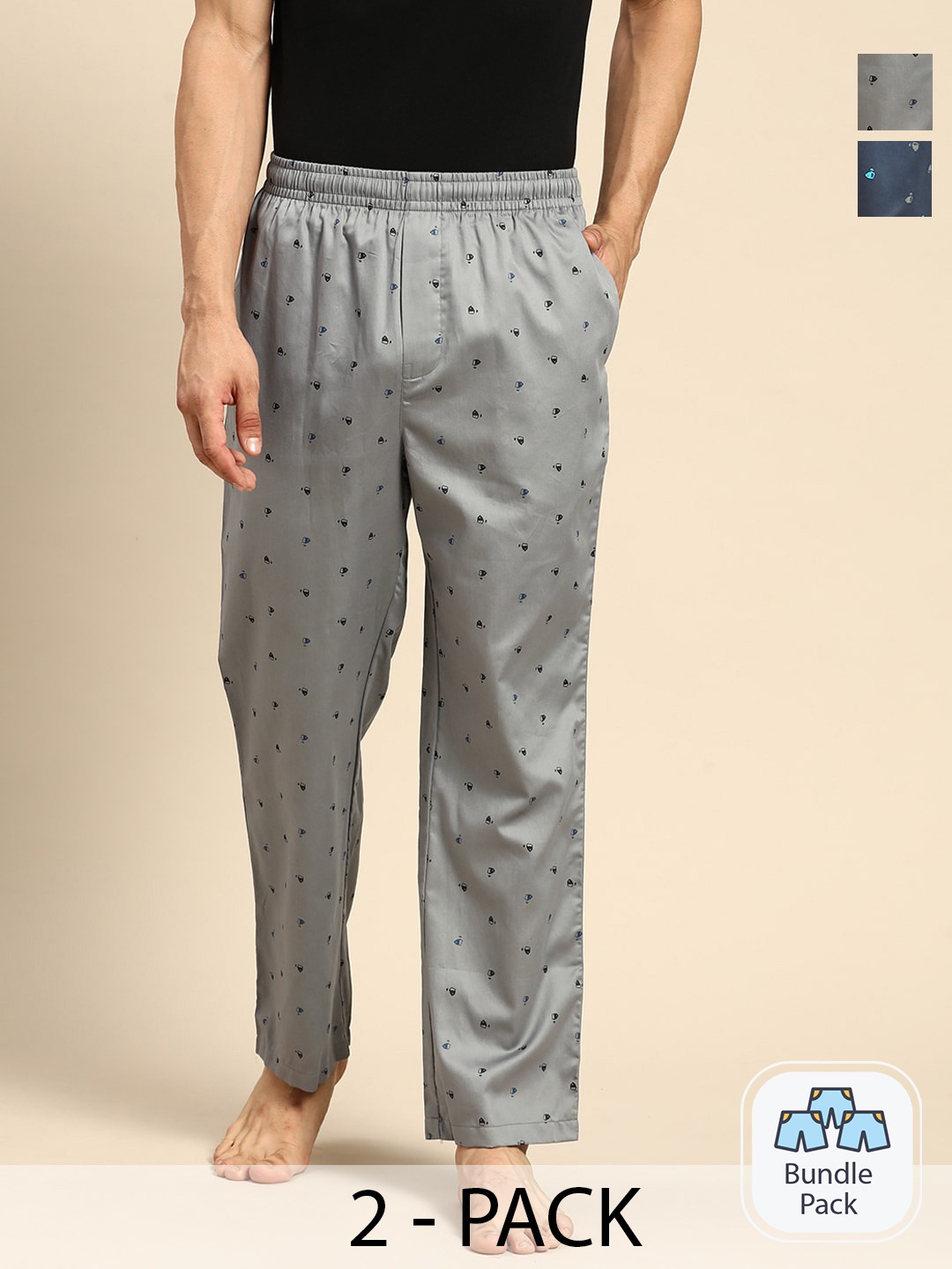 

Jockey Men Pack Of 2 Assorted Printed Mid-Rise Pure Cotton Lounge Pants, Grey