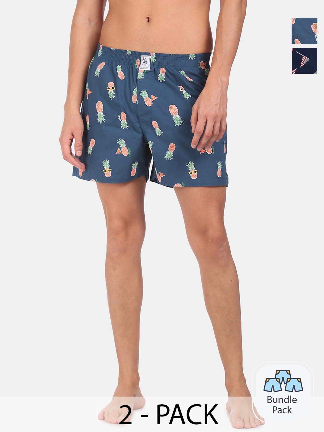 

U.S. Polo Assn. Pack Of 2 Printed Pure Cotton Boxers, Navy blue