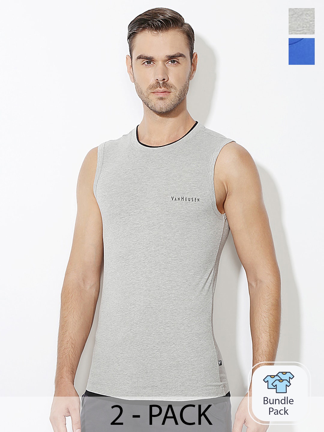

Van Heusen Pack Of 2 Sleeveless Basic Gym Vests, Grey melange
