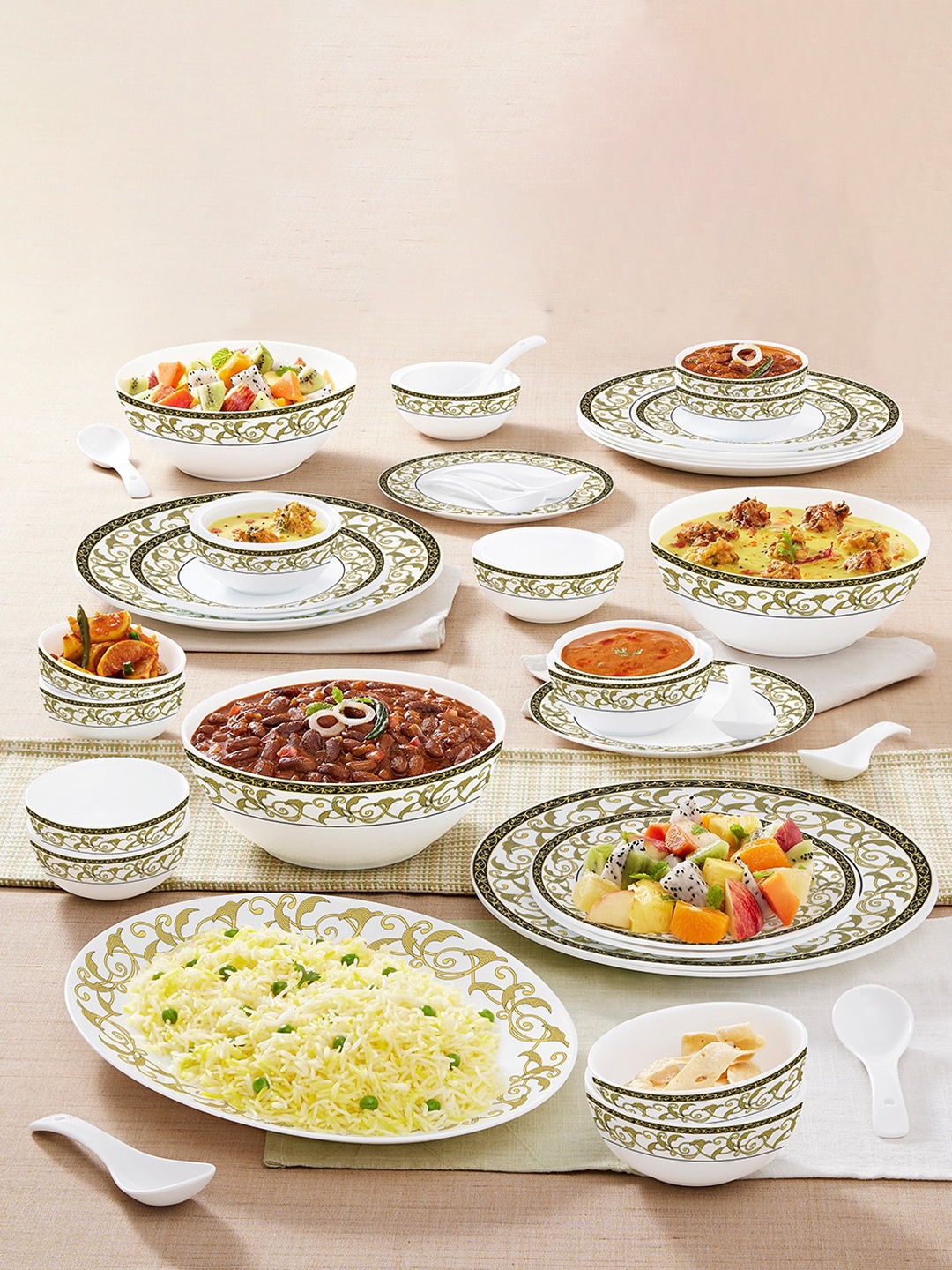 

Larah by BOROSIL White & Green 44 Pieces Printed Opalware Matte Dinner Set