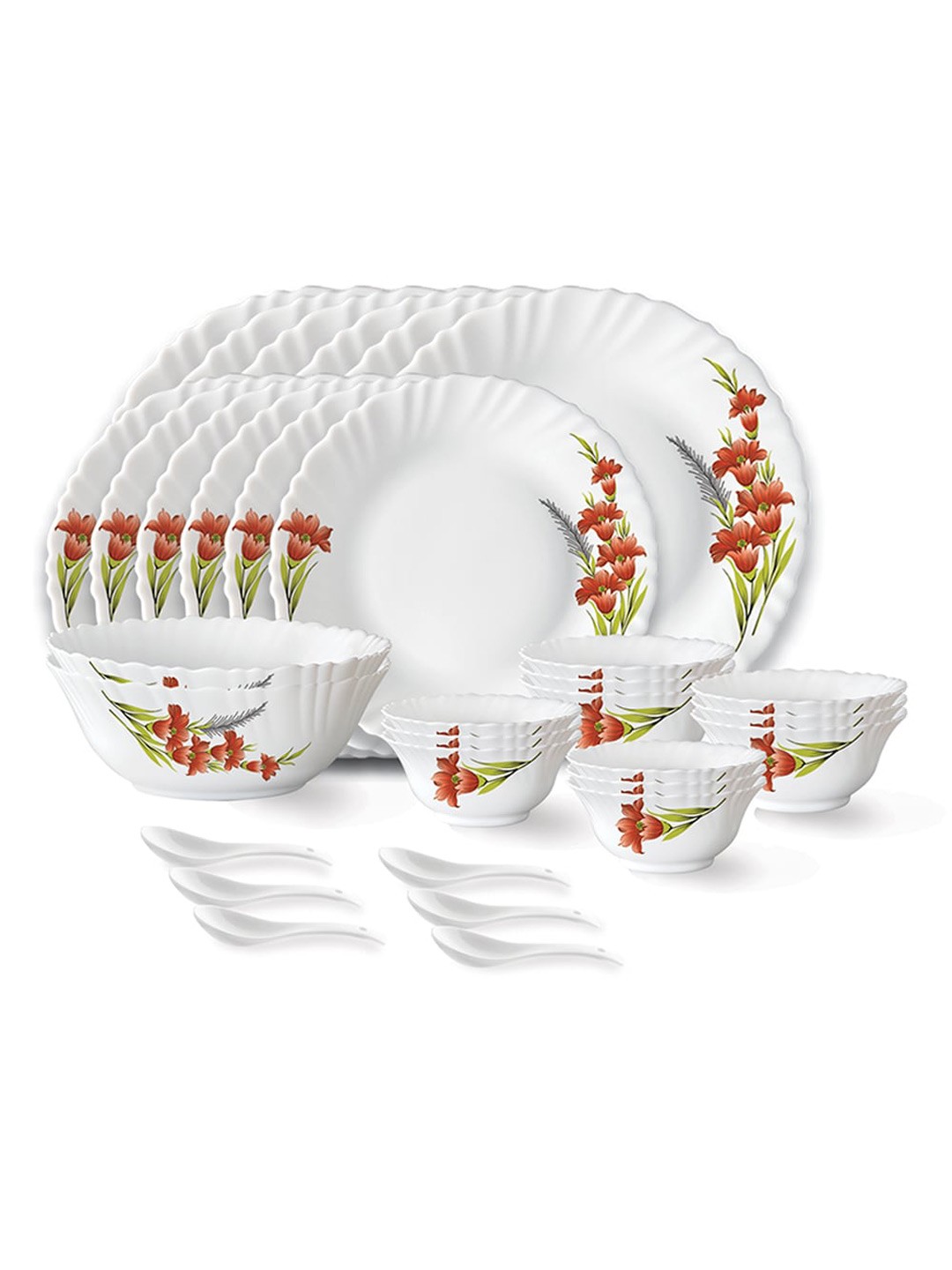 

Larah by BOROSIL White & Red 33 Pieces Printed Opalware Glossy Dinner Set