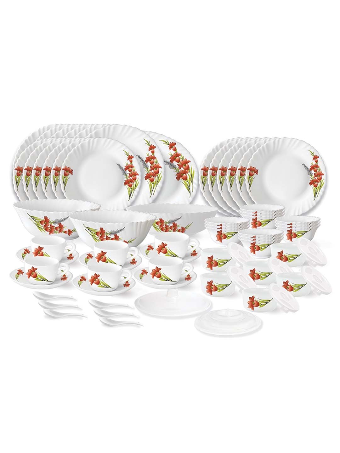 

Larah by BOROSIL 66 pcs Fluted Red Iris Plates & Bowls Crockery Dinner Set, White
