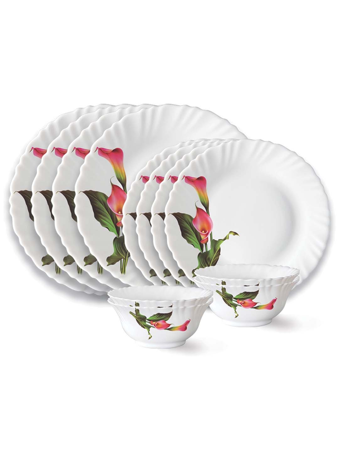 

Larah by BOROSIL White & Green 12 Pieces Floral Printed Opalware Glossy Dinner Set