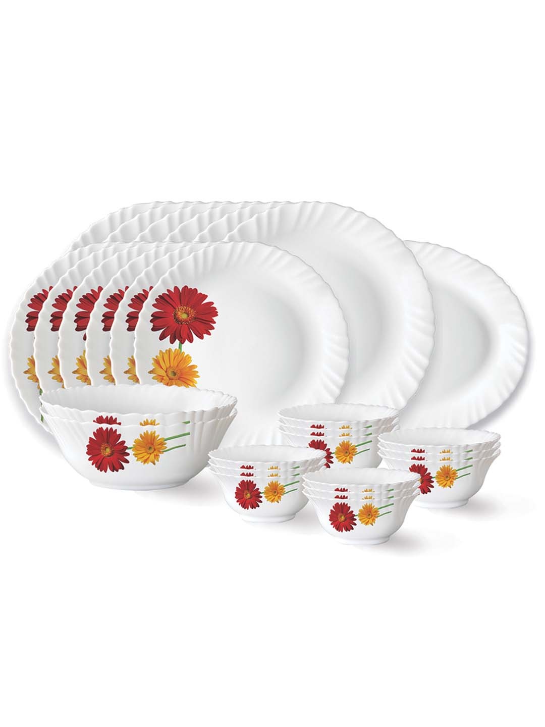 

Larah by BOROSIL Fluted Zinnia White & Red 27 Pieces Printed Opalware Glossy Dinner Set