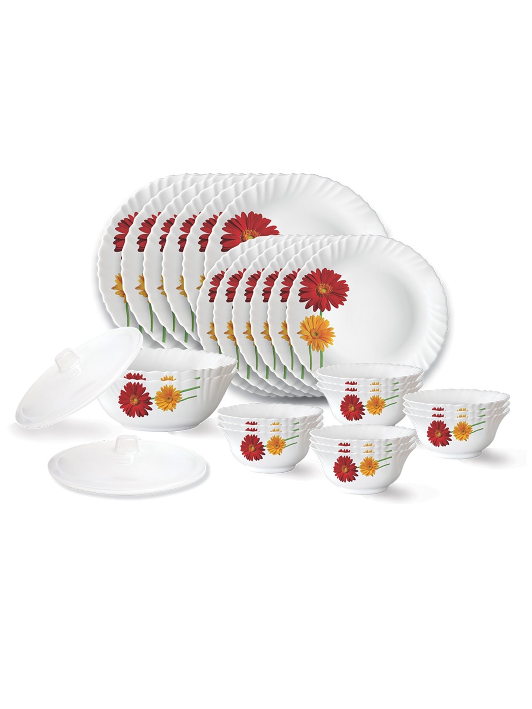 

Larah by BOROSIL Fluted White & Red 28 Pieces Floral Printed Opalware Glossy Dinner Set