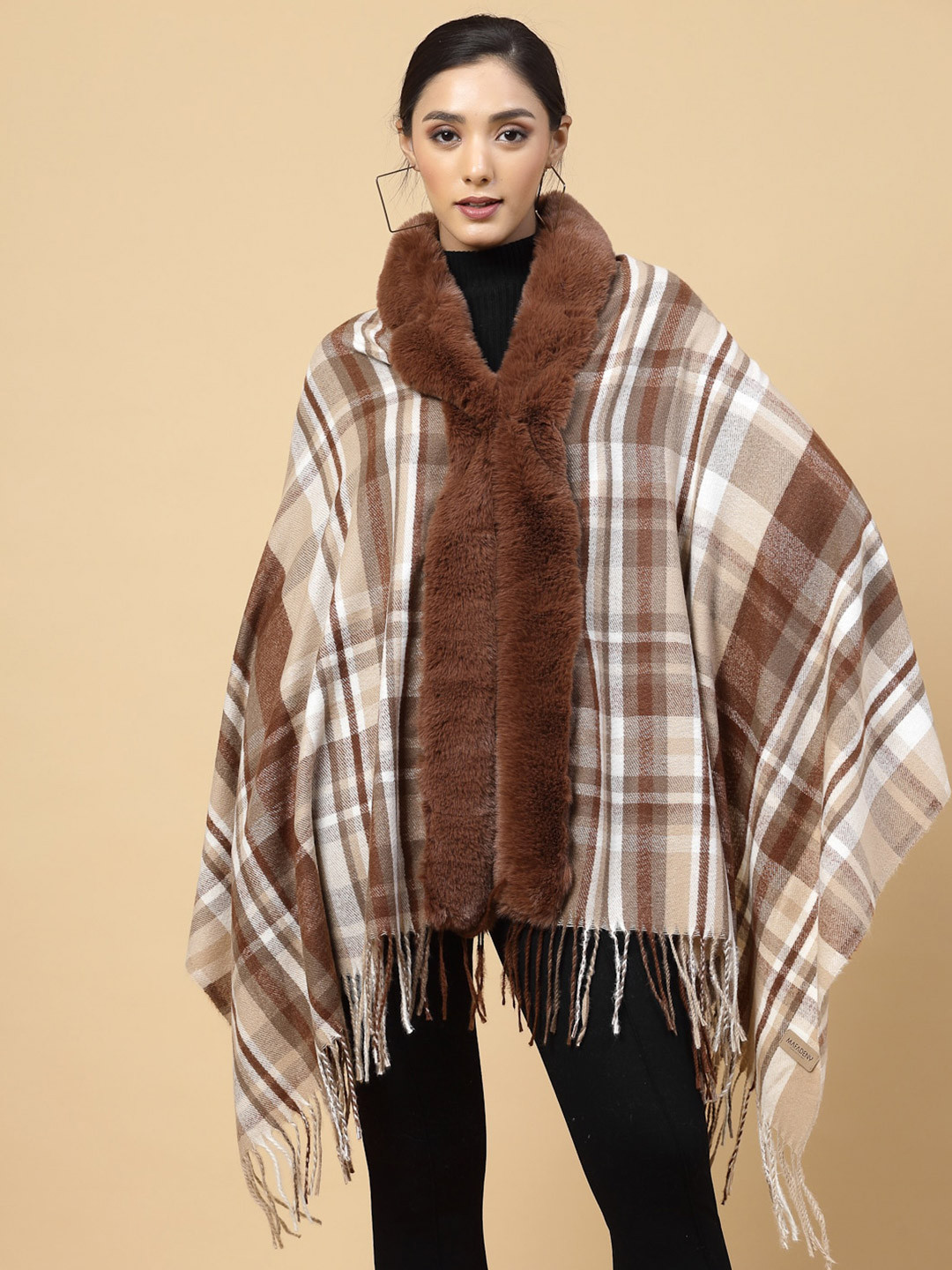

Mafadeny Checked V-Neck Long Sleeves Poncho Sweater, Brown