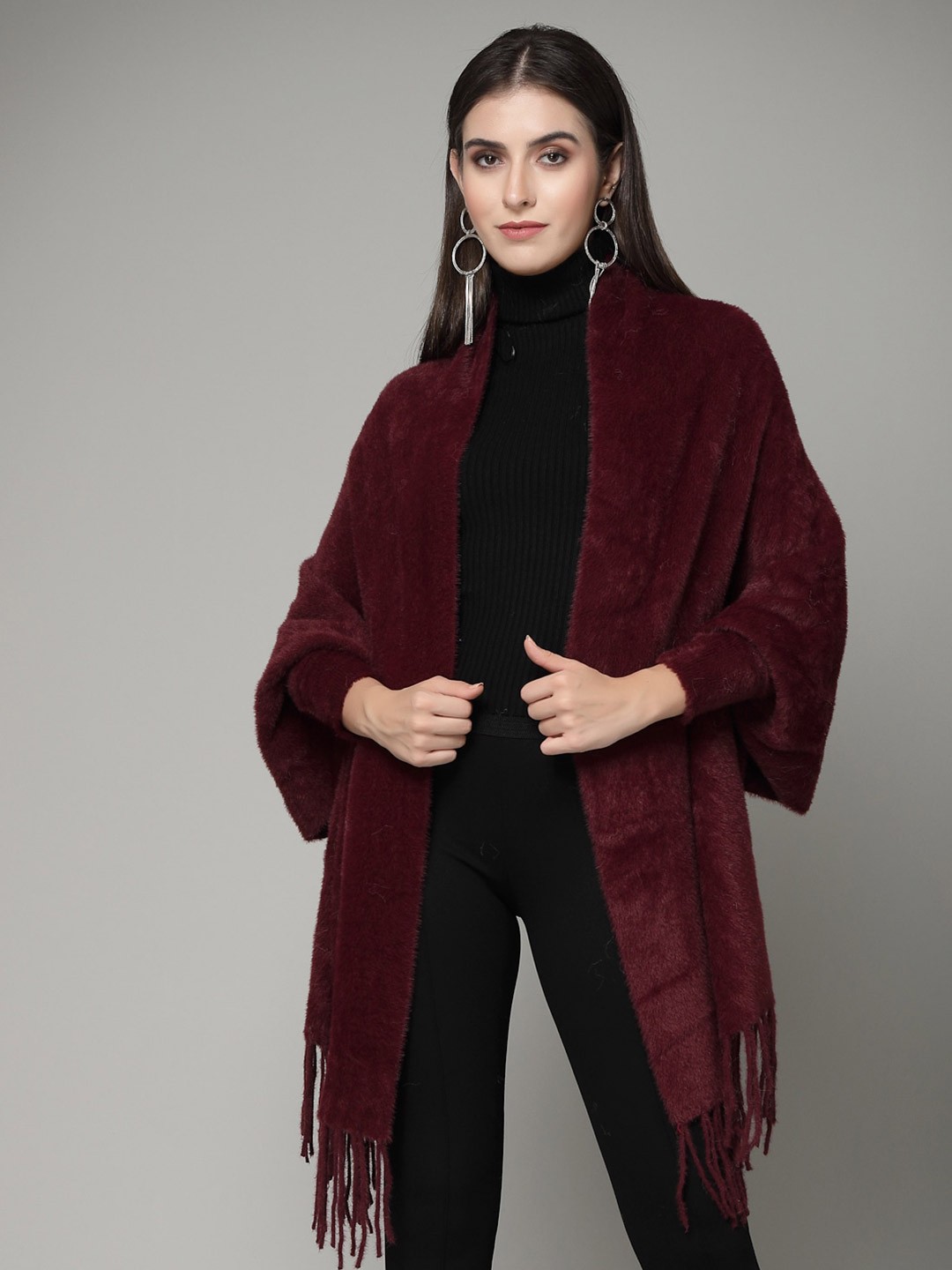 

Mafadeny Long Sleeves Poncho Sweater, Maroon