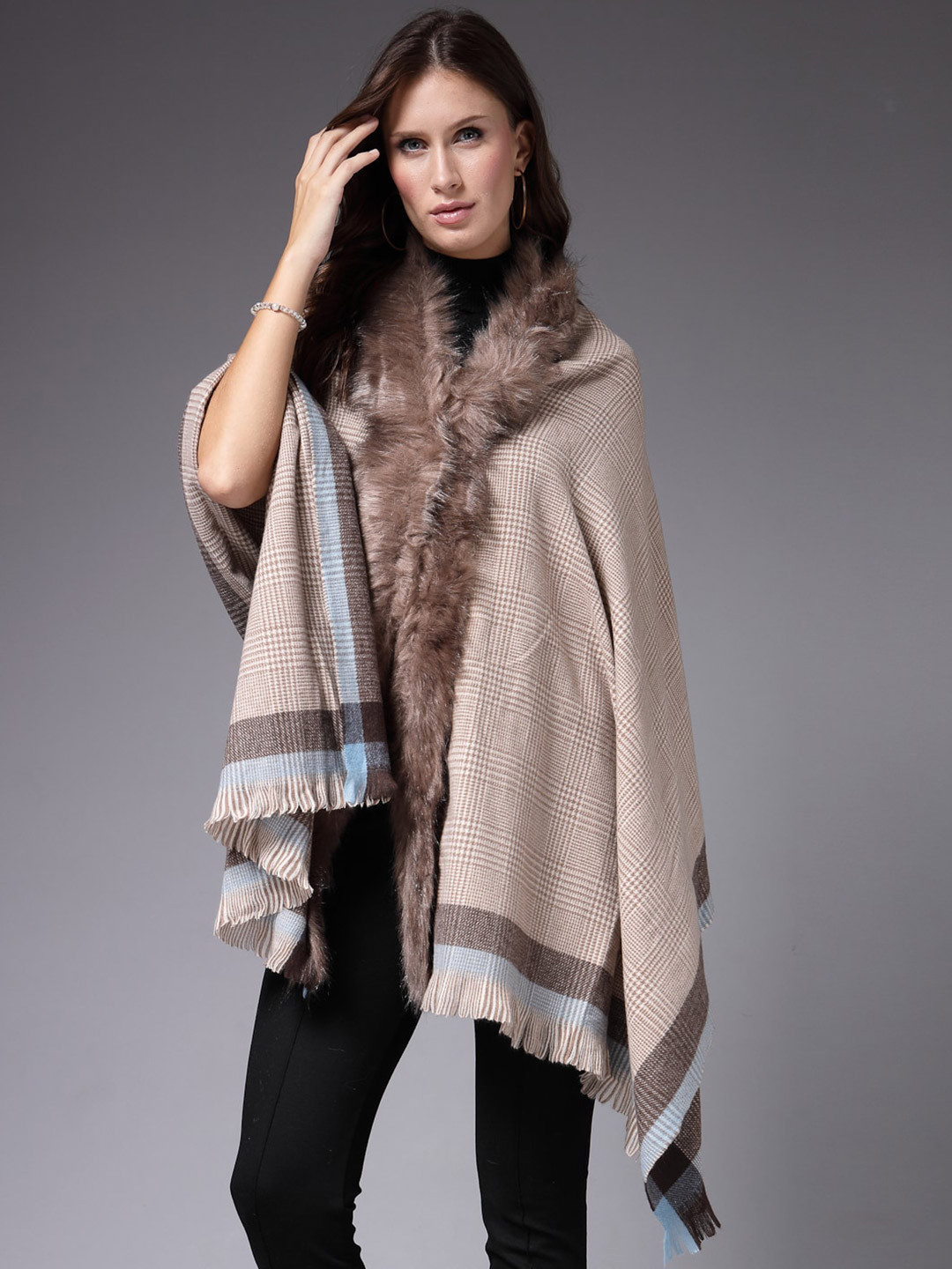 

Mafadeny Checked Faux Fur Detail Poncho Sweater, Brown