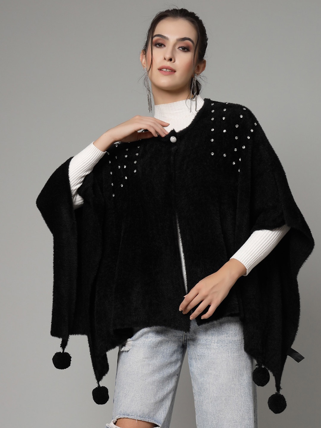 

Mafadeny Round Neck Embellished Poncho Sweater, Black