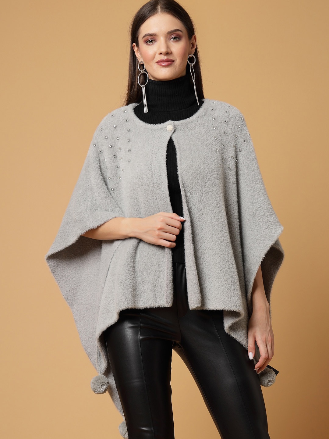 

Mafadeny Round Neck Embellished Poncho Sweater, Grey