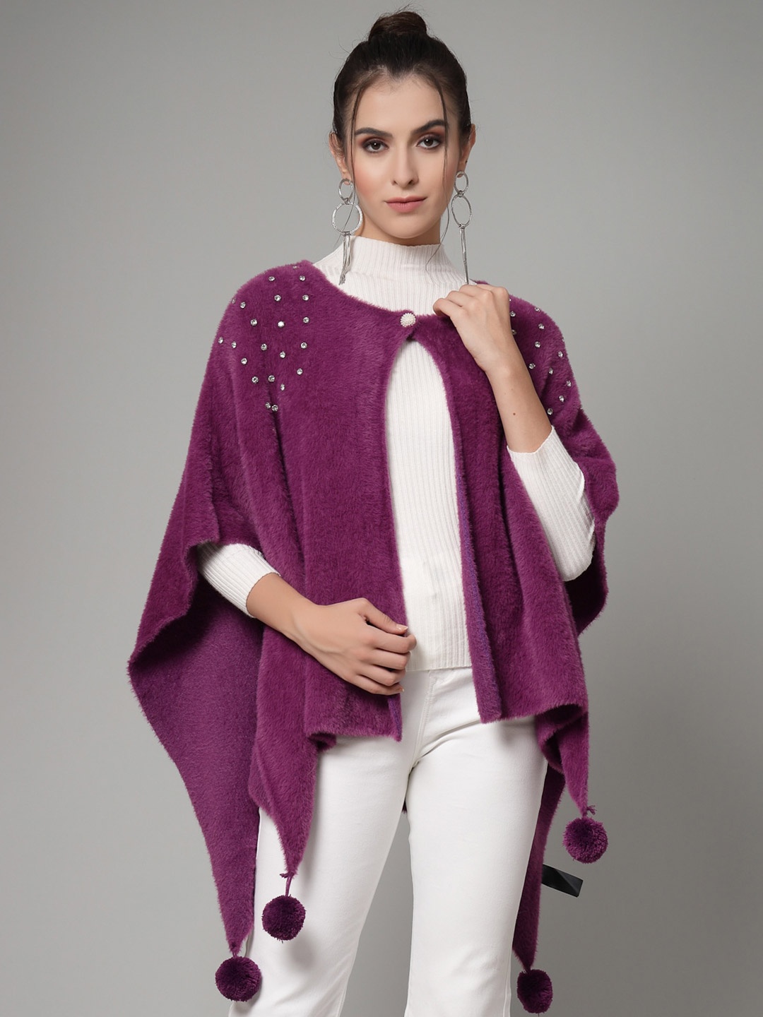 

Mafadeny Round Neck Embellished Poncho Sweater, Purple