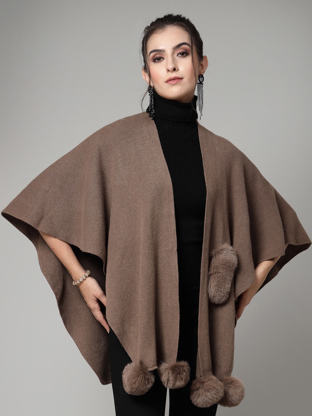 

Mafadeny Pom-Pom Detail Front-Open Poncho, Khaki