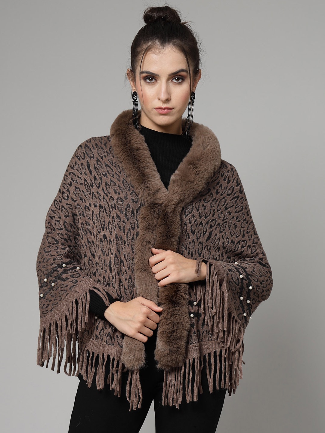 

Mafadeny Animal Printed Faux Fur Detail Poncho, Brown