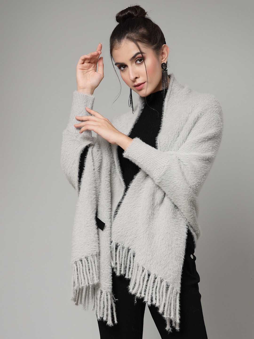 

Mafadeny Women Longline Poncho with Fringed Detail, Grey