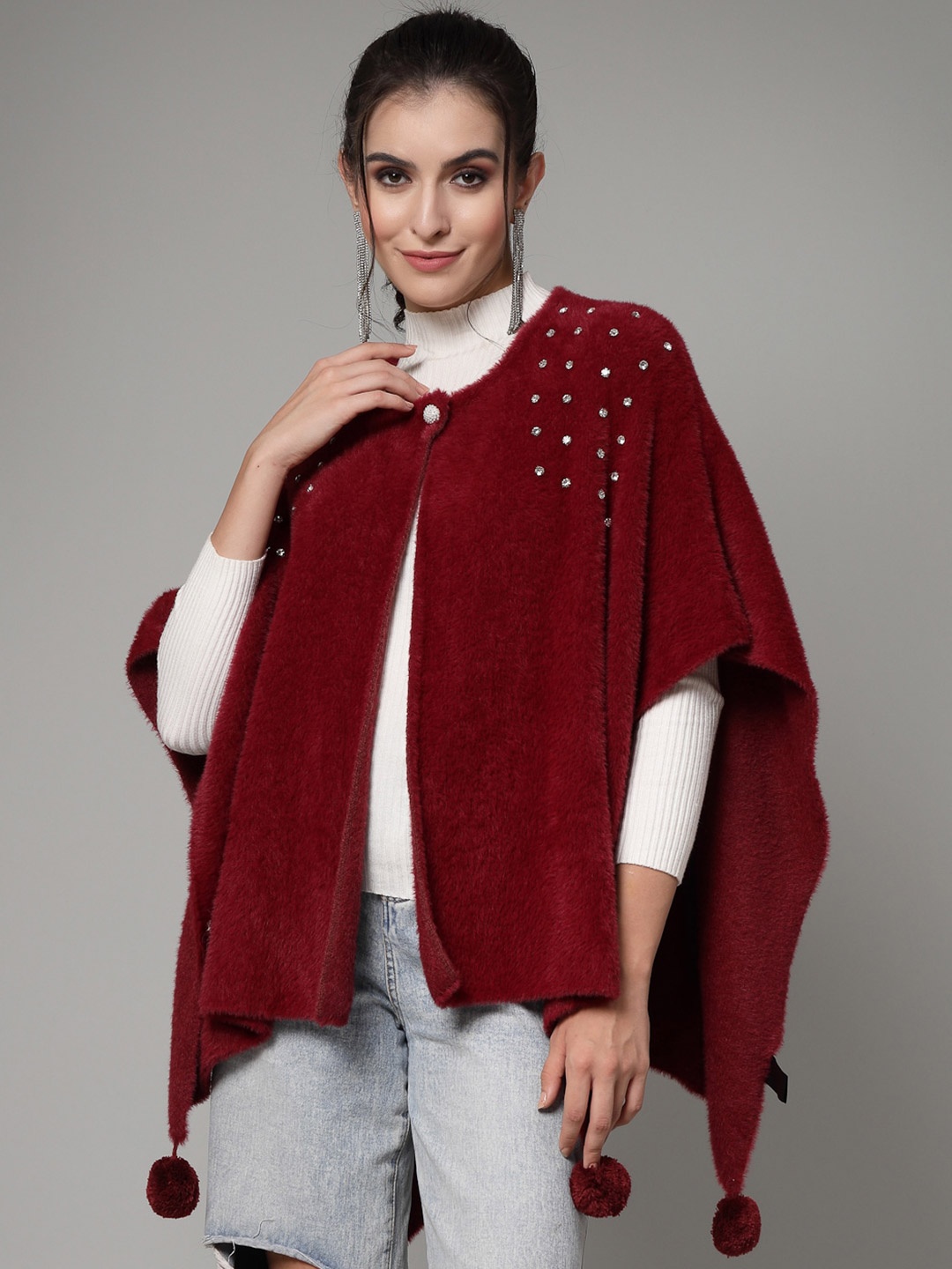 

Mafadeny Round Neck Embellished Poncho Sweater, Maroon