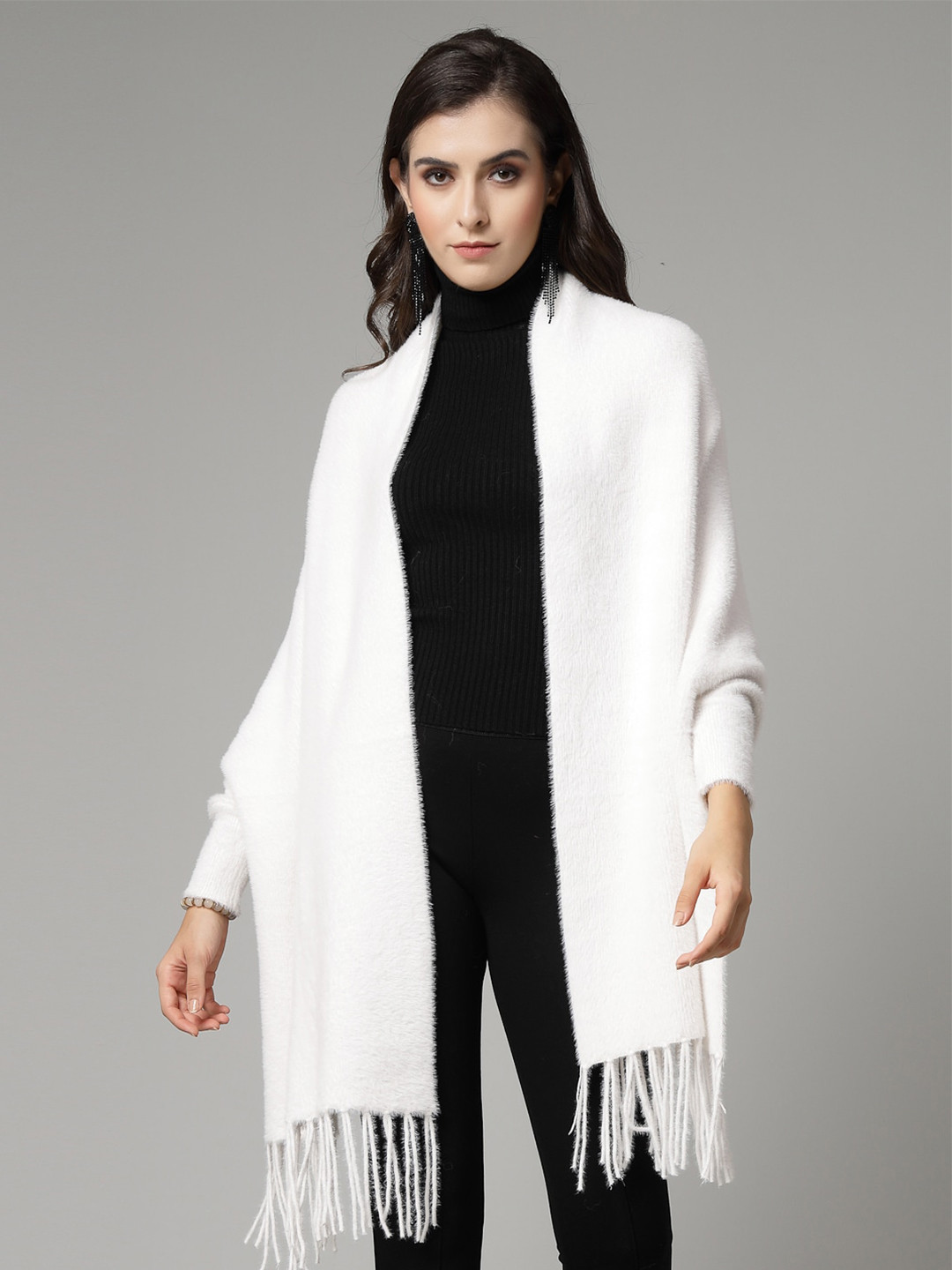 

Mafadeny Women Longline Poncho with Fringed Detail, White