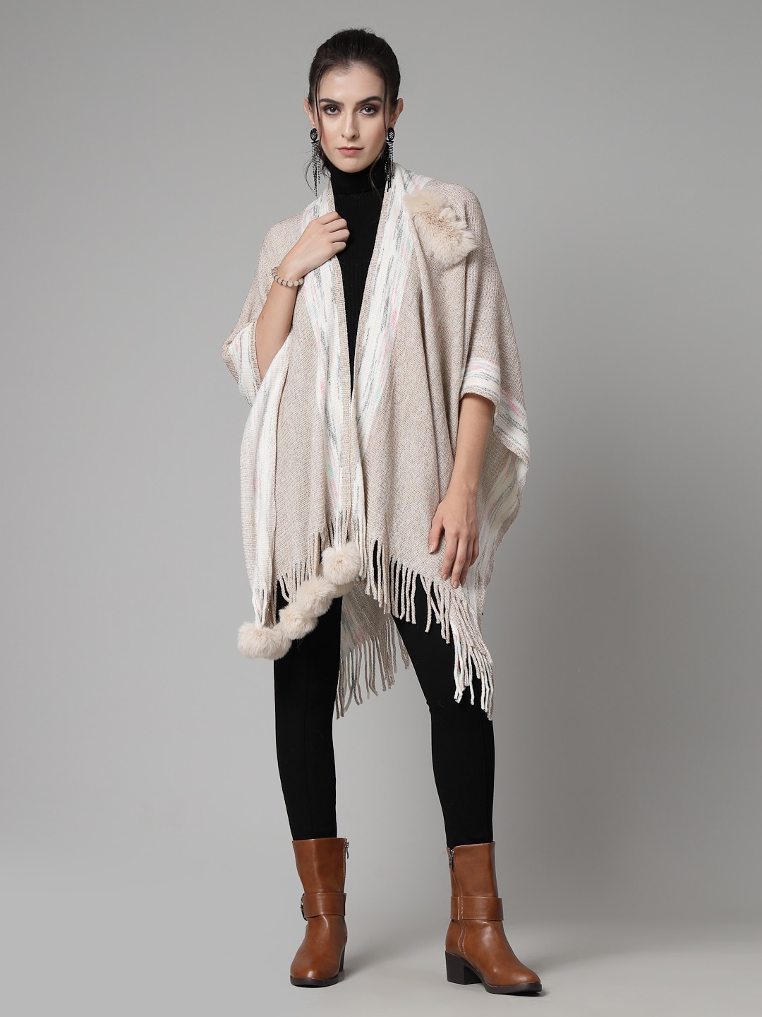 

Mafadeny Self Design Longline Poncho, Beige