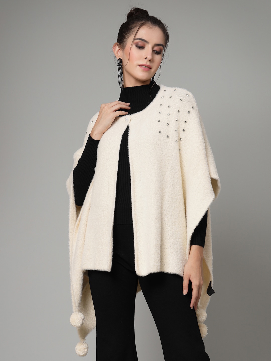 

Mafadeny Asymmetric Embellished Short Sleeves Poncho Sweater, Cream