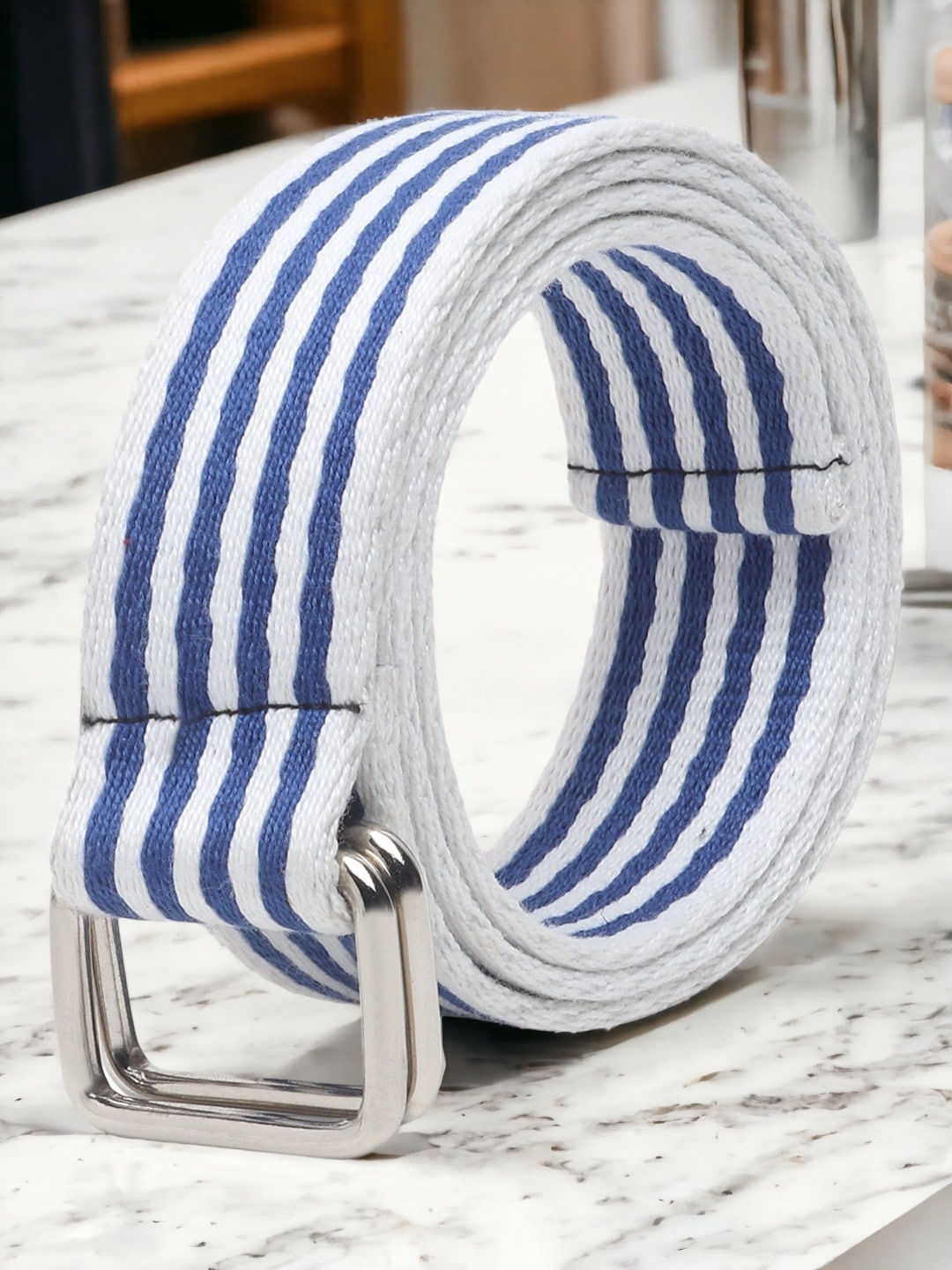 

Roadster Men White & Blue Striped D-Ring Buckle Belt