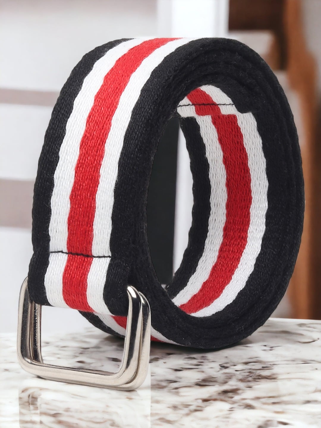 

Roadster Men Striped D-Ring Buckle Belt, Red