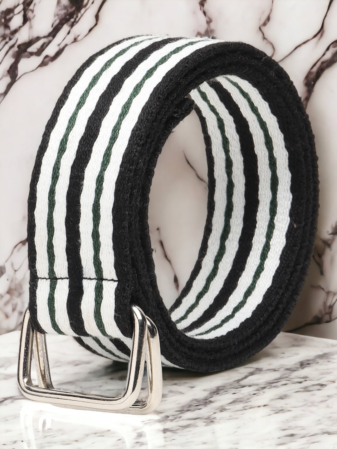 

The Roadster Lifestyle Co. Men Black & White Striped D-Ring Buckle Belt