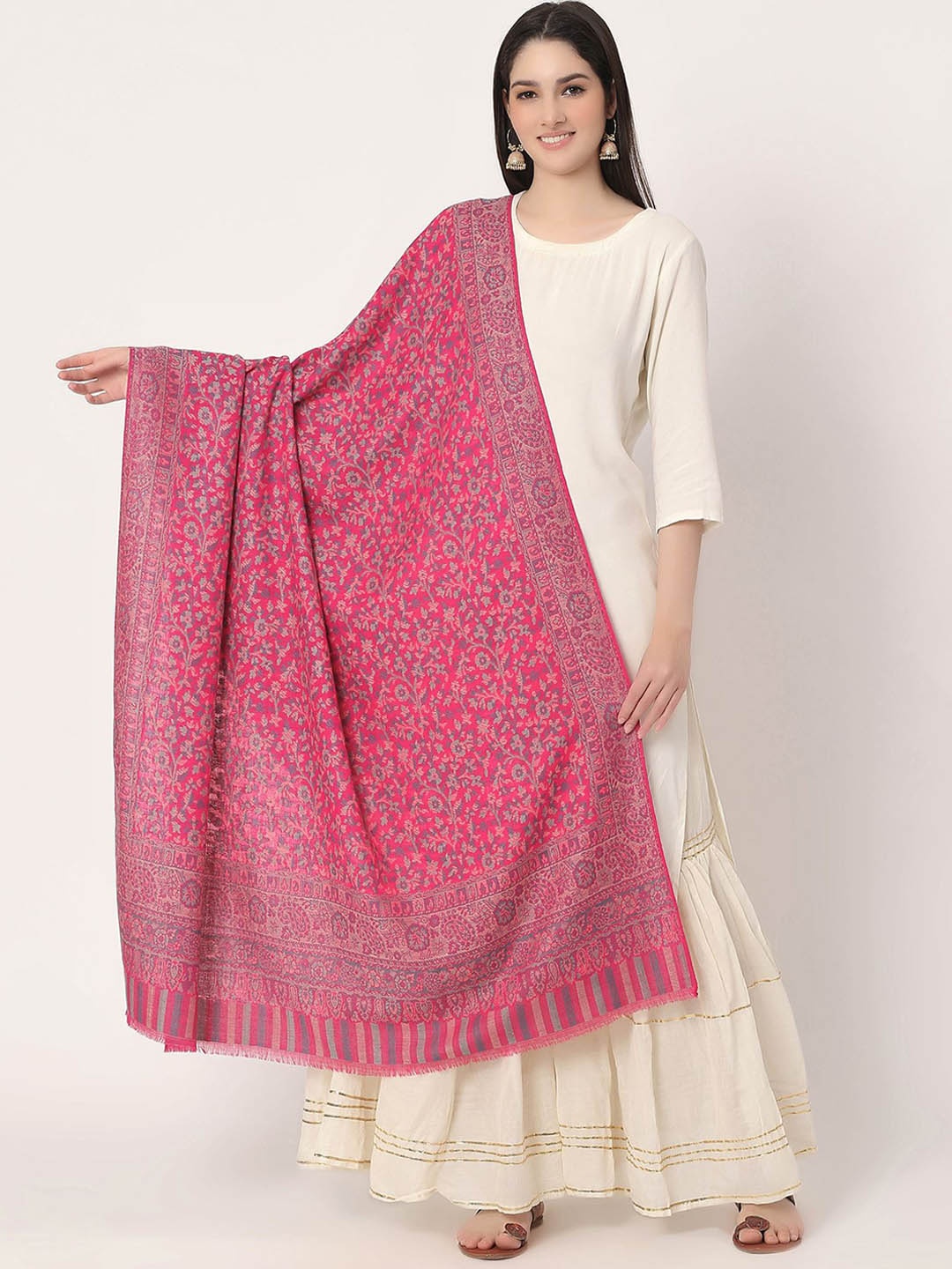 

Moda Chales Floral Woven Design Pure Woolen Shawl, Pink