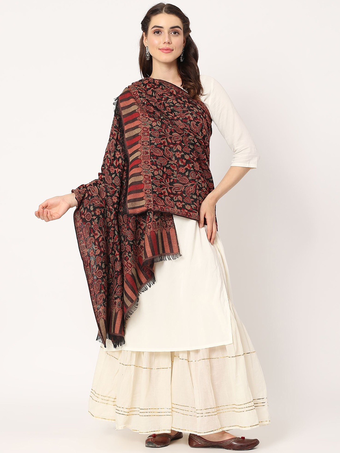 

Moda Chales Women Floral Woven Design Woollen Shawl, Black