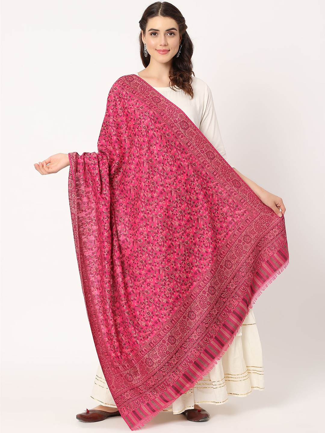 

Moda Chales Floral Woven Design Pure Woolen Shawl, Pink